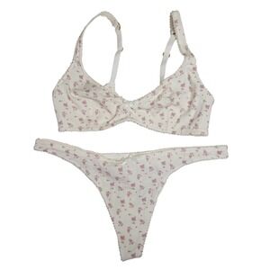 Lounge Underwear Pointelle Floral Bra and Thong Set White Pink Large